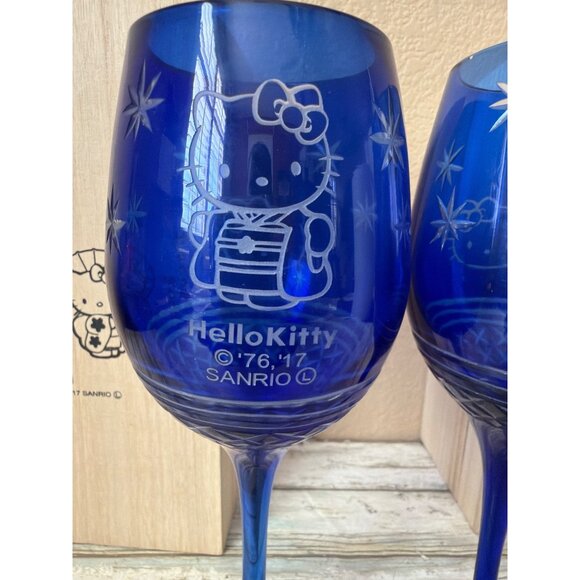 2 X Hello Kitty Kiriko Wine Glass Blue w/ Wooden Box Sanrio Japan 2017 - Picture 10 of 12